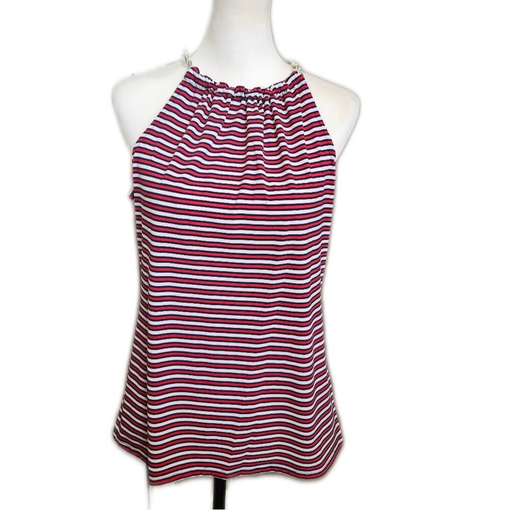 MICHAEL Michael Kors Red White & Blue Striped Tank Top W/ Chain Detail, S